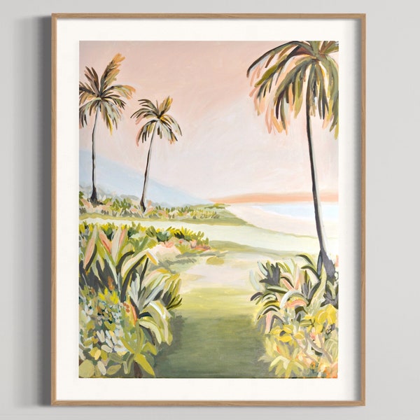 Impression sur la baie de Byron Bay, paysage côtier tropical, palmier, coucher de soleil, art mural