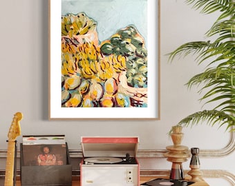 Fruit Market - Unframed Print. Tropical, Australian art, bananas, melons, market, island, basket, green, yellow, blue, art for her.