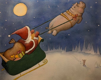 Special Delivery- Holiday art print- Hippo Illustration- Christmas Decor