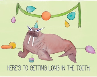 Long in the Tooth- Birthday Card-Walrus Illustration-Single Notecard-Stationery