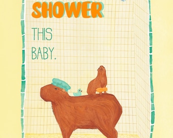 Let’s Shower This Baby- Capybara Illustration- Baby Shower Notecard