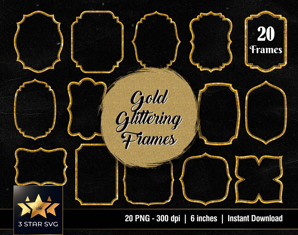 20 Gold Glitter Frames Clipart, PNG Frames, Gold Glitter Borders, Gold