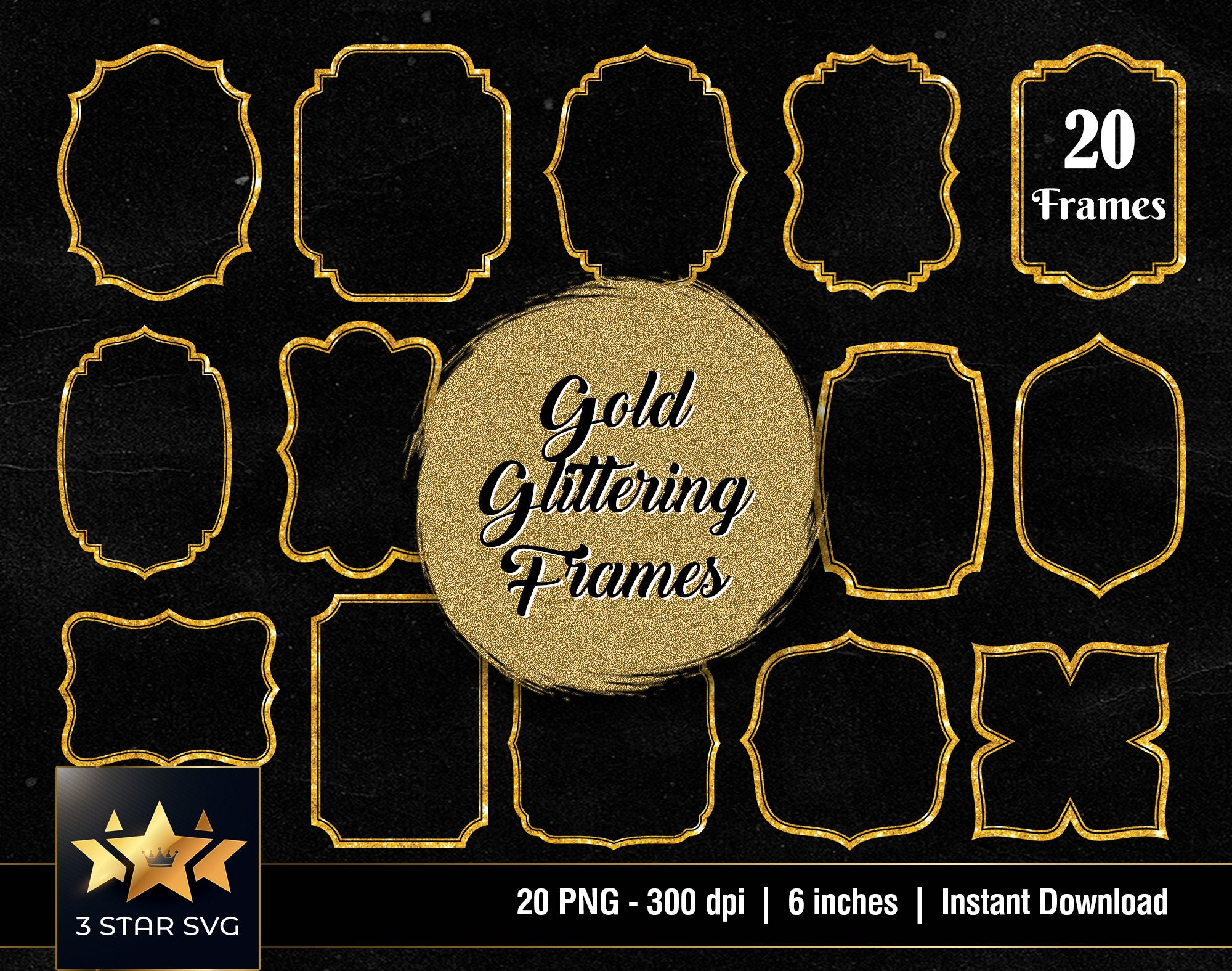 20 Gold Glitter Frames Clipart, PNG Frames, Gold Glitter Borders, Gold