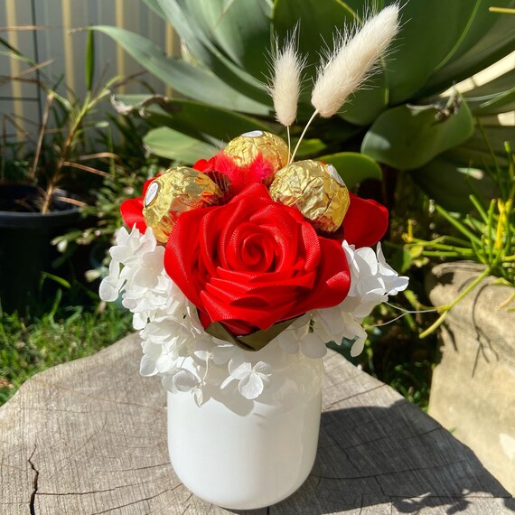 Handmade, satin ribbon roses flower bouquet + Ferrero Rocher chocolate gift  by my fiancee : r/handmade