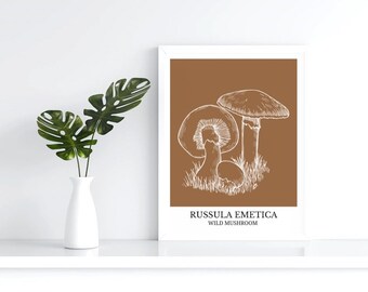 May include: A brown and white illustration of a Russula emetica mushroom, also known as the "Emetic Russula", on a brown background. The text "Russula emetica" and "Wild Mushroom" is below the illustration.