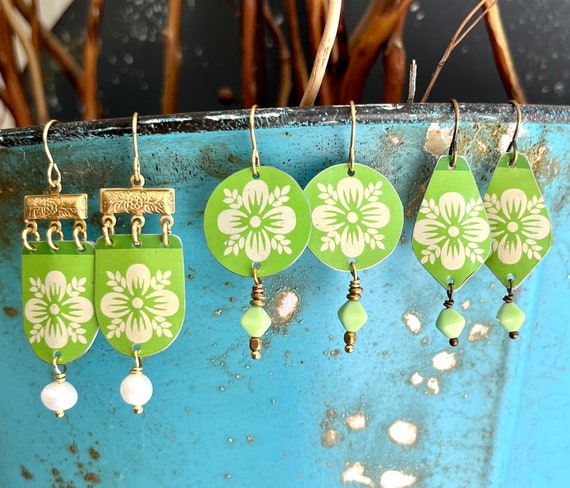 Upcycled Vintage Tin earrings, funky Artisan earrings, OOAK earrings, flower earrings, nature earrings, apple green earrings