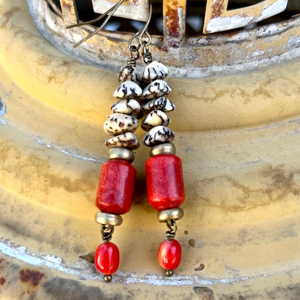 Rustic,funky,boho earrings,Orange sponge cora,seed bead and natural coral linear earringsone of a kind earrings,organic colorful earrings