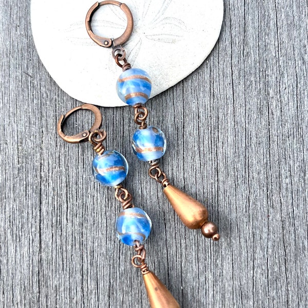 Artisan blue lampwork bead and copper dangle earrings,funky and unique boho earrings,pretty blue and copper earrings,handmade glass earrings