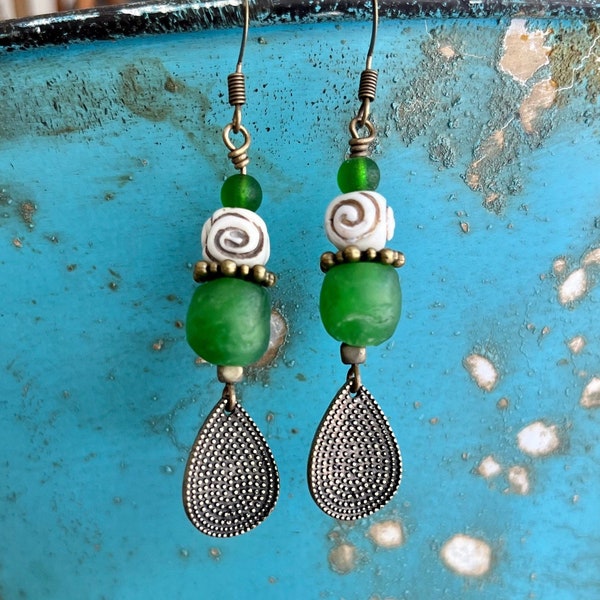 Boho tribal inspired recycled African green glass earrings, upcycled funky rustic earrings, antique brass unique bone and glass earrings,