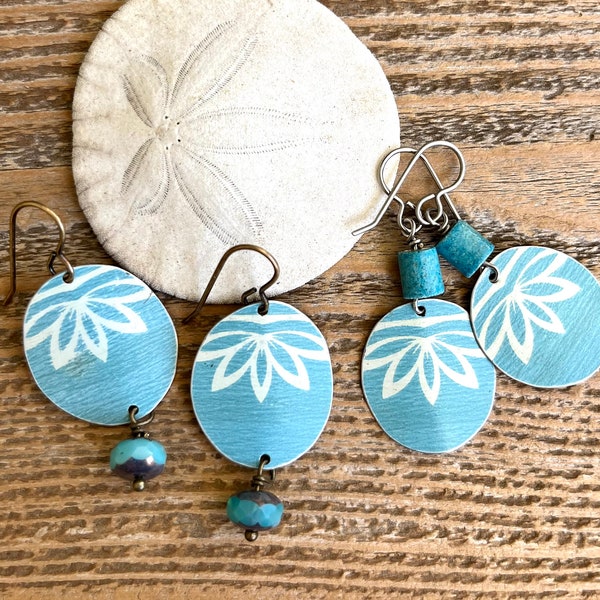 upcycled tin boho earrings,aqua blue recycled tin earrings,Lotus flower earrings,pretty pop of color earrings,unique earrings