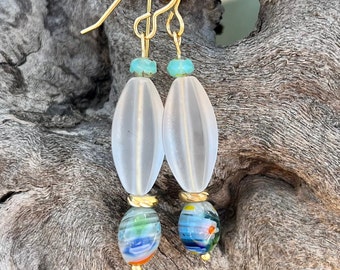 Pretty earrings, Millefiori earrings,seaglass earrings,soft color earrings,goldtone,white and light blue earrings,feminine earrings