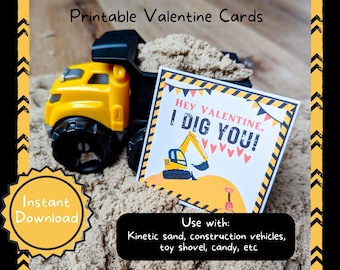 Excavator Construction Valentine Printable Cards | I Dig You | Kinetic Sand Valentine | Truck Valentine | Boy Valentine | Shovel Valentine