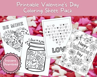 Printable Valentine&#39;s Day Coloring Sheet Pack | Adult Coloring | Kids Valentine Activity |