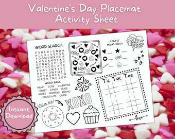 Valentine&#39;s Day Activity Sheet Placemat | Valentine&#39;s Day Craft | Kids Valentines Activity | Valentine&#39;s Coloring Sheet | Valentine&#39;s Puzzle