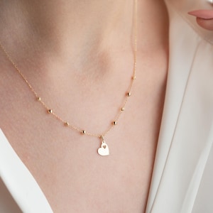 14k Solid Gold Heart Necklace with Beads, Gold Jewelry, Dainty Necklace, Minimalist Jewelry, Heart Jewelry, Valentine's Day Gift for Her