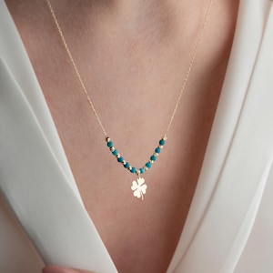 14K Solid Gold Clover Necklace, Turkusowe Koraliki, Złota Biżuteria, Naszyjnik Na Szczęście, Elegancka Biżuteria, Naszyjnik Czterolistny, Prezent Na Dzień Matki