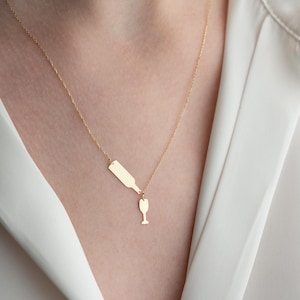 Wine Glass Necklace, Wine Bottle Necklace, Gold Pendant, Handmade Jewelry, Minimalist Necklace, Gold Jewelry, Mom&#39;s Gift, 14K solid Gold