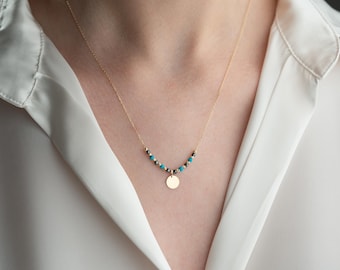 Solid Gold Disc Necklace: Turquoise Beaded Luxury Jewelry