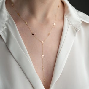 Cross Lariat Necklace, Dainty Y Necklace, Religious Jewelry, Minimalist Necklace, Multi Cross Dainty Necklace, Gold Jewelry, Gift for Her