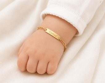 Pulsera personalizada con nombre de bebé en oro macizo de 14 quilates, cadena tipo clip, joyería de identificación infantil.
