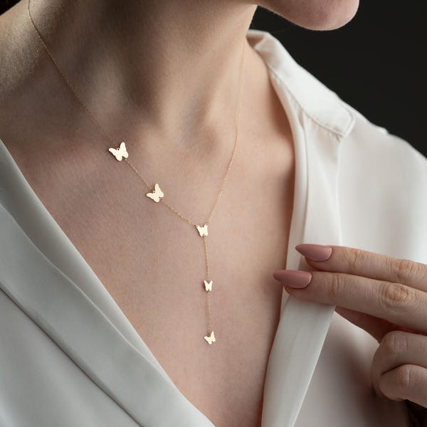14K Solid Gold Butterfly Lariat Necklace: Delicate Y-Drop Jewelry