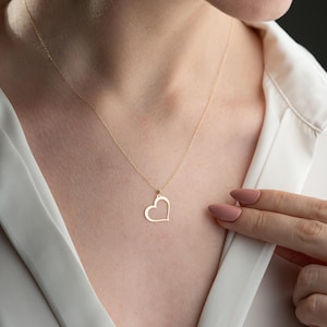 14k Solid Gold, Handmade Necklace, Cute Heart Necklace, Minimalist Heart Necklace, Love Necklace, Gold Jewelry, Valentine&#39;s Gift