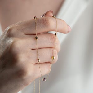 14K Solid Gold Gemstone Necklace – 11 Colorful 3mm Stones, Dainty Station Chain, Handmade Real Gold Jewelry, Rainbow Layering Gift