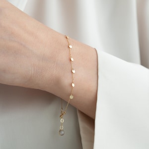 14K Gold Disc Bracelet: Dainty Minimalist Chain, Adjustable Length
