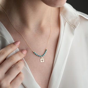 14K Gold Heart Lock Necklace: Turquoise Bead Dainty Jewelry