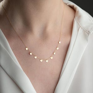 14K Solid Gold Heart Necklace – 9 Tiny Hearts on Dainty Chain, Minimal Gold Jewelry, Handmade Gift, Layering Necklace