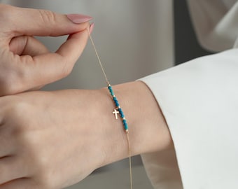Pulsera de cruz de oro, joyería de fe con cuentas, regalo para el Día de la Madre