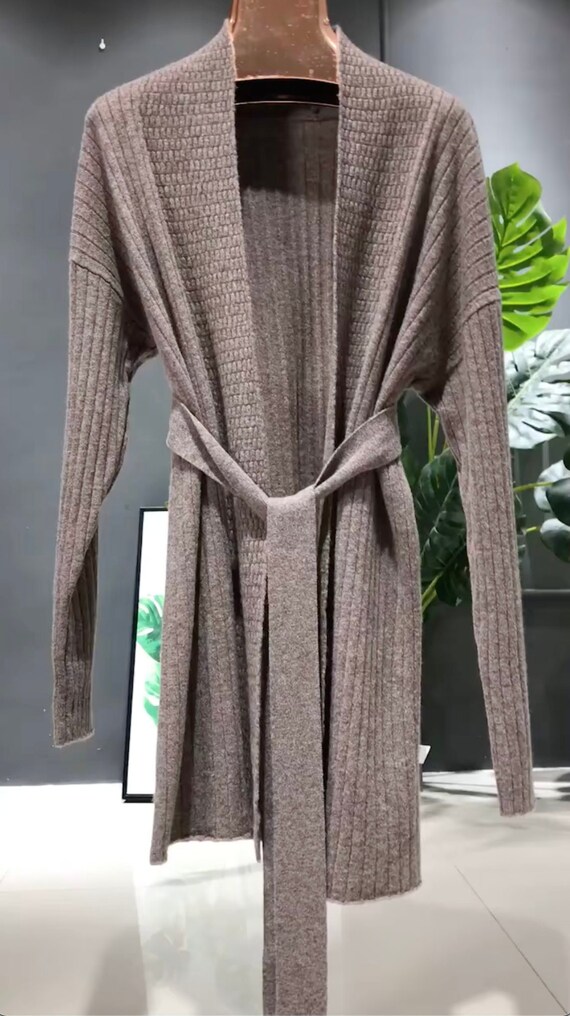 100% Cashmere Cardigan With Belted Lux Wrap Cardigan Robe, Brown Women's 