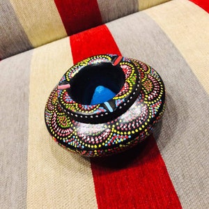 Moroccan Round Ceramic Ashtray With 3 Cigarette Holder Slots, Black Ashtray, Multicolore Ashtray, Decorative Ashtray, Cigar Ashtray