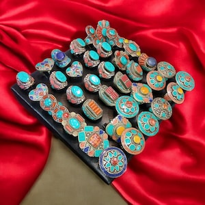 Set of 2 Tibetan Rings Coral and Turquoise  Handcrafted Tibetan Jewelry Turquoise Beauty Gemstone Rings Tibetan Treasures Turquoise Delight