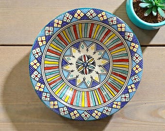 手描きのモロッコ風プレート - マルチカラーのフェズ陶器皿 - 花の