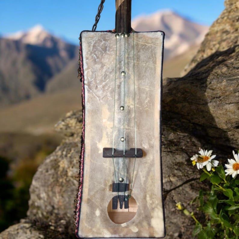 May include: A traditional stringed instrument with a wooden neck and a skin-covered body. The instrument is decorated with beads and has a sound hole in the center. It is resting on a rock with a mountain background.