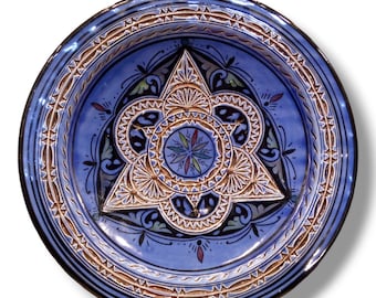 Plato de cerámica marroquí tallado a mano: Plato artesanal de 35 cm, decoración bohemia, diseño intrincado, vajilla auténtica, cerámica exquisita.