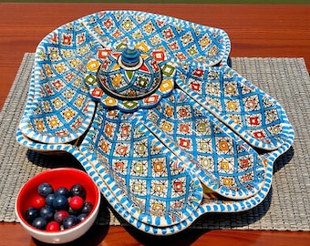 Juego de servir Hamsa marroquí – Plato de aperitivos de cerámica pintado a mano