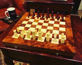 Handmade Burl Wood Chess Set – Carved Wooden Pieces, Vintage Style