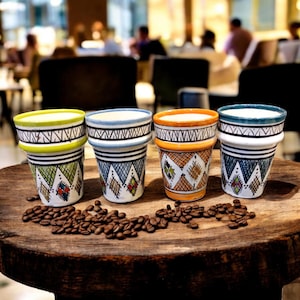 Set of 4 Moroccan Pottery Cups – Hand-Painted Multicolored Ceramic Cups, Authentic Artisan Design