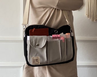 Journal sac à main à transporter, Organiseur de sac à main avec fermeture éclair, Organiseur de pochette pour agenda en toile, Organiseur multi-poches, Pochette de papeterie, Pochette utilitaire