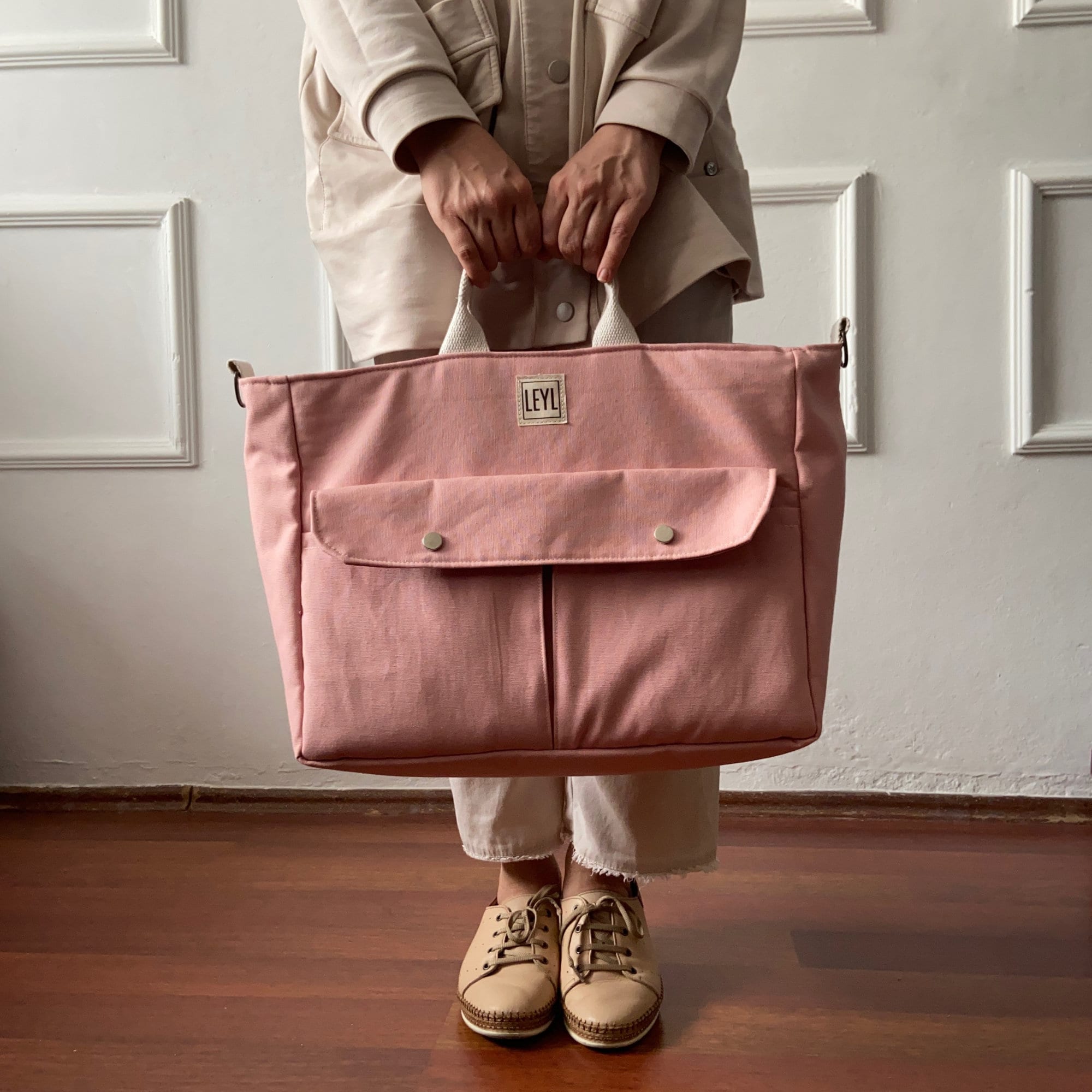 Post Production “2 Pockets Tote Bag” Zippered Tote Bag With Compartment, Canvas Shoulder Bag With