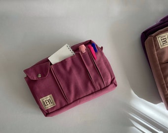 Canvas Solid Color Utility Pouch for Stationery Lover, Planner Pouch, Organizer Pouch for Journaling Supplies, Cotton Journal Bag with Strap