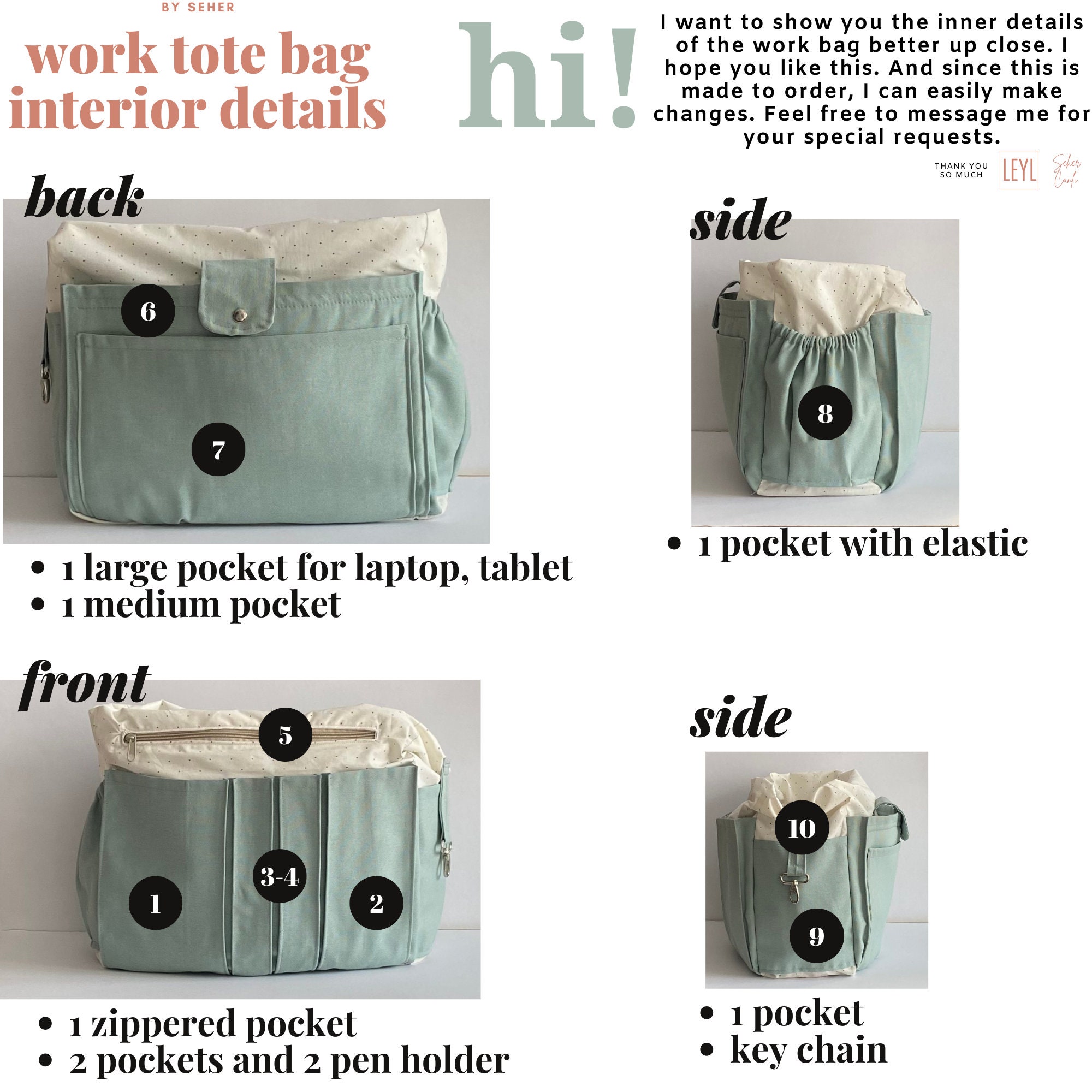 Zippered Tote Bag With Compartment, Canvas Shoulder Bag With