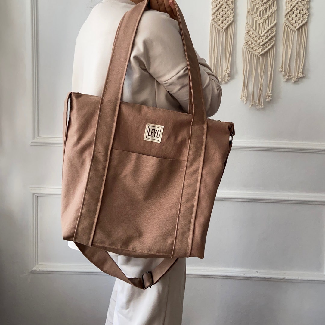 Large Tote Bag With Zipper Closure, Canvas Shoulder Bag for School