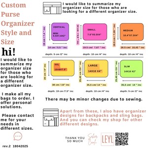 May include: A chart showing different sizes of purse organizers with measurements in inches and centimeters. The chart is titled "Custom Purse Organizer Style and Size" and includes the following sizes: Mini, Small, Medium, Large, XXL, and Slim. The chart also includes the depth of each organizer in inches and centimeters. The text "There may be minor changes due to sewing." is included at the bottom of the chart.