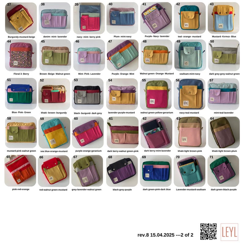 May include: A chart of 71 different small bags with various color combinations. Each bag has multiple pockets and is made of a canvas-like material. The bags are numbered 37 through 71. The chart is labeled "rev.8 15.04.2025 -- 2 of 2" and "LEYL".