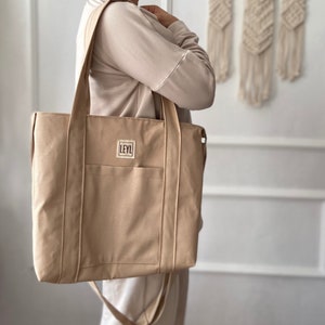 Canvas Tote Bag with Zipper, Fabric Shoulder Bag for Women, Plain Canvas Tote Bag with Pocket, Large Crossbody, Large Womens Tote Beige