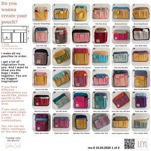 May include: A chart showing 36 different fabric combinations for a pouch. The chart is divided into 6 columns and 6 rows. Each square shows a different color combination of fabric. The text at the top of the chart says "Do you wanna create your pouch?" and the text at the bottom of the chart says "Thank you so much Seher Canf".