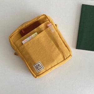 Canvas Solid Color Vertical Utility Pouch for Organize Journal Supplies, Inner Carrying Pouch with Strap, Notebook Stationery Zipper Bag Mustard